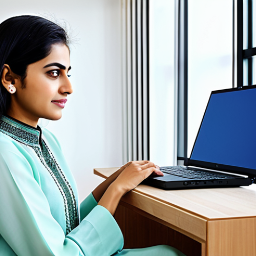 **

"A Pakistani businesswoman in a modest shalwar kameez, working on a laptop in a brightly lit, modern office in Karachi, fully clothed, appropriate attire, safe for work, perfect anatomy, natural proportions, professional digital art, high quality, family-friendly."

**