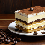 **

"A family-friendly scene of a beautifully decorated tiramisu dessert on a wooden table, surrounded by coffee beans and a cup of coffee, warm lighting, safe for work, appropriate content, fully clothed, professional food photography, high resolution, perfect anatomy (dessert only), natural colors, modest presentation."

**