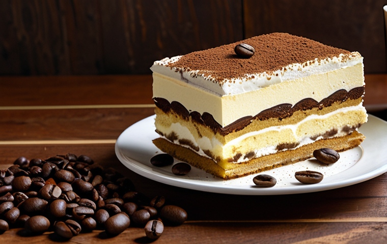 **

"A family-friendly scene of a beautifully decorated tiramisu dessert on a wooden table, surrounded by coffee beans and a cup of coffee, warm lighting, safe for work, appropriate content, fully clothed, professional food photography, high resolution, perfect anatomy (dessert only), natural colors, modest presentation."

**