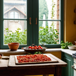 Rustic Italian Kitchen Scene**

"A warm, inviting Italian kitchen. Focus on a wooden table with freshly chopped Roma tomatoes, garlic cloves, and basil leaves scattered around. A copper pot simmers on a vintage stove in the background. Jars filled with dried oregano and chili flakes line a shelf. Soft, natural light streams through a window, highlighting the textures. Fully clothed chef in background. Appropriate attire, safe for work, perfect anatomy, natural proportions, professional, family-friendly."

**