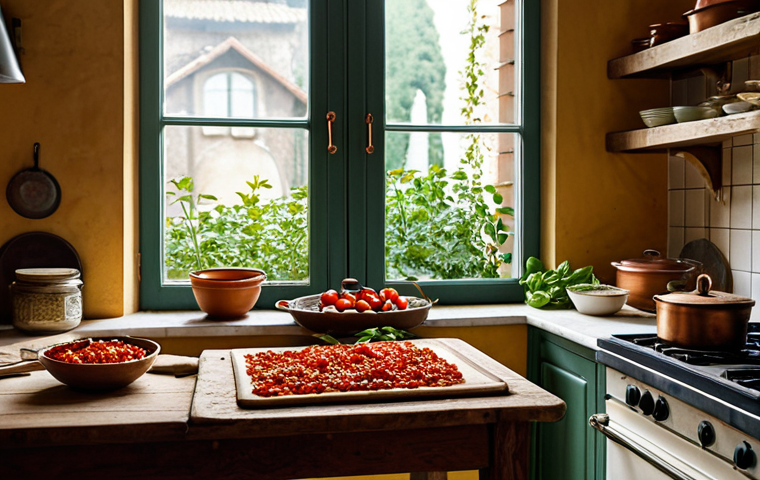 Rustic Italian Kitchen Scene**

"A warm, inviting Italian kitchen. Focus on a wooden table with freshly chopped Roma tomatoes, garlic cloves, and basil leaves scattered around. A copper pot simmers on a vintage stove in the background. Jars filled with dried oregano and chili flakes line a shelf. Soft, natural light streams through a window, highlighting the textures. Fully clothed chef in background. Appropriate attire, safe for work, perfect anatomy, natural proportions, professional, family-friendly."

**
